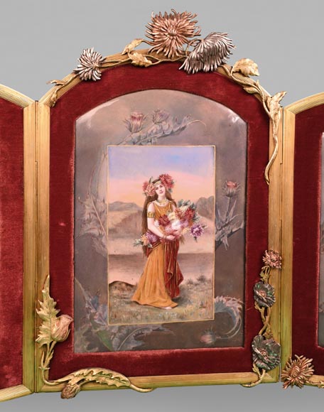 珐琅工匠多瓦尔-DORVAL- “拿着菊花的女郎”三折画-1