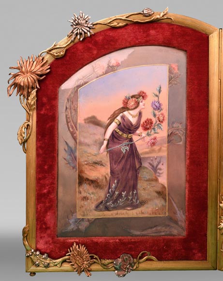 珐琅工匠多瓦尔-DORVAL- “拿着菊花的女郎”三折画-4