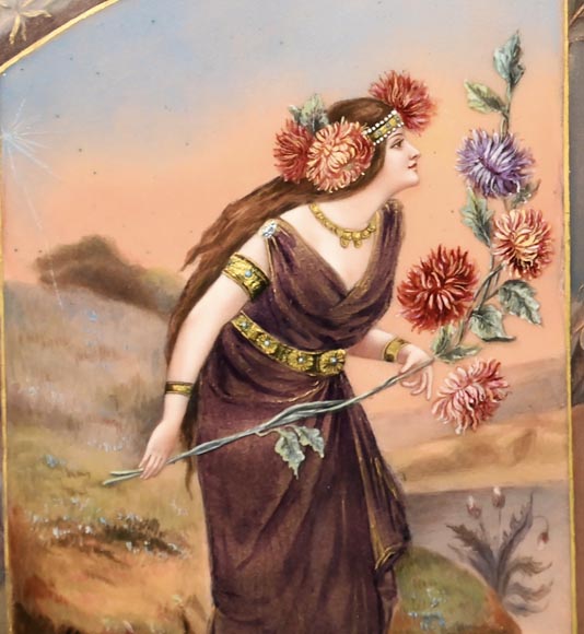 珐琅工匠多瓦尔-DORVAL- “拿着菊花的女郎”三折画-5