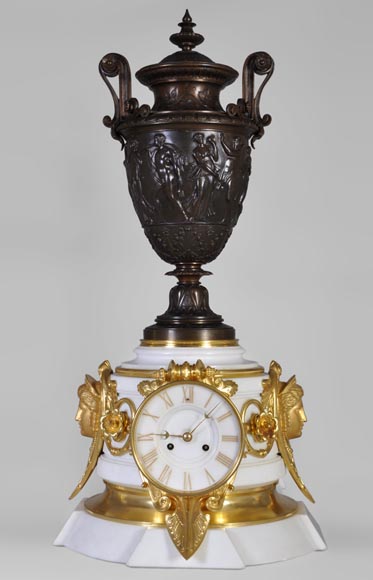 重要的双面座钟，拿破仑三世风格，大理石雕塑，青铜装饰-0