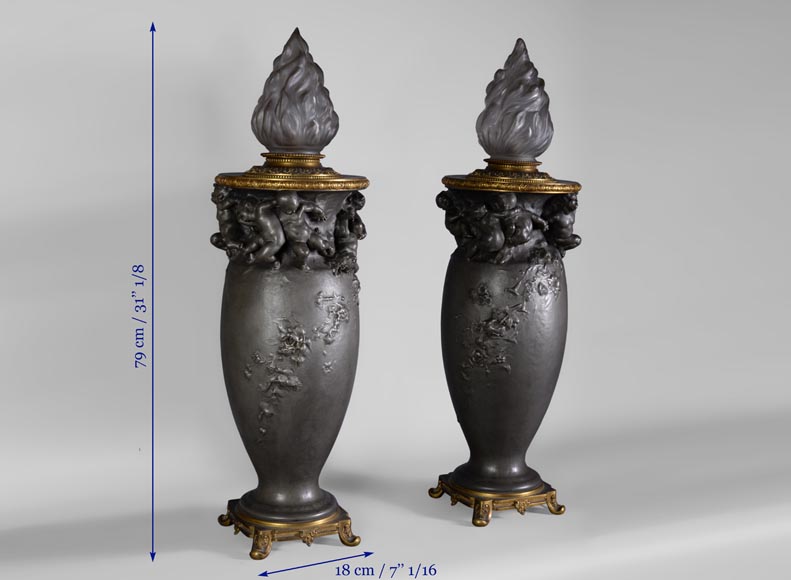 保罗·罗素（Paul ROUSSEL，1867-1928年），一对锡制拿破仑三世风格的灯具，有铸铜厂E. Soleau的标记，火焰处带有塞弗尔的签名（Sèvres）-9