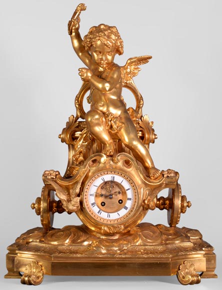 « 爱神战车 »拿破仑三世时期风格的镀金青铜时钟-0