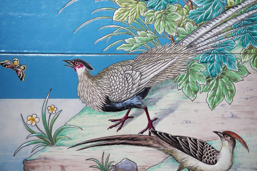 一对以鸟儿在湖边为题的陶瓷镶板画，签有“J. ENGEL”-3