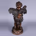 阿德里亚诺·塞乔尼（1836-1886）-孩子与公鸡，带有褐色铜绿的铜塑像