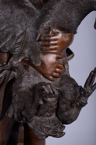 阿德里亚诺·塞乔尼（1836-1886）-孩子与公鸡，带有褐色铜绿的铜塑像-6