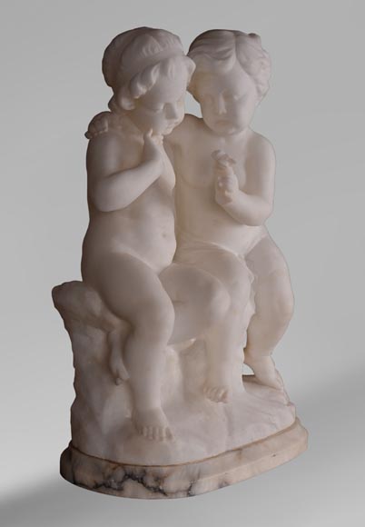 古格利尔莫·普吉（1850-1915）- 恋爱中的孩子雪花石膏塑像-1