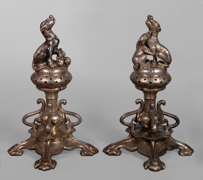 维克多·杰弗鲁瓦-德肖姆 一对饰有狗的青铜镀银香炉 约1840年-0