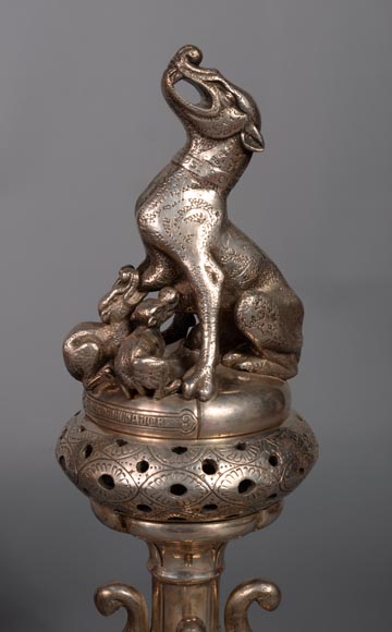 维克多·杰弗鲁瓦-德肖姆 一对饰有狗的青铜镀银香炉 约1840年-4