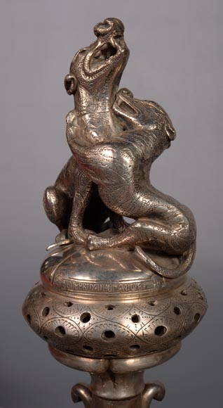 维克多·杰弗鲁瓦-德肖姆 一对饰有狗的青铜镀银香炉 约1840年-7