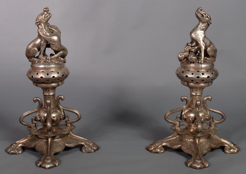 维克多·杰弗鲁瓦-德肖姆 一对饰有狗的青铜镀银香炉 约1840年-8