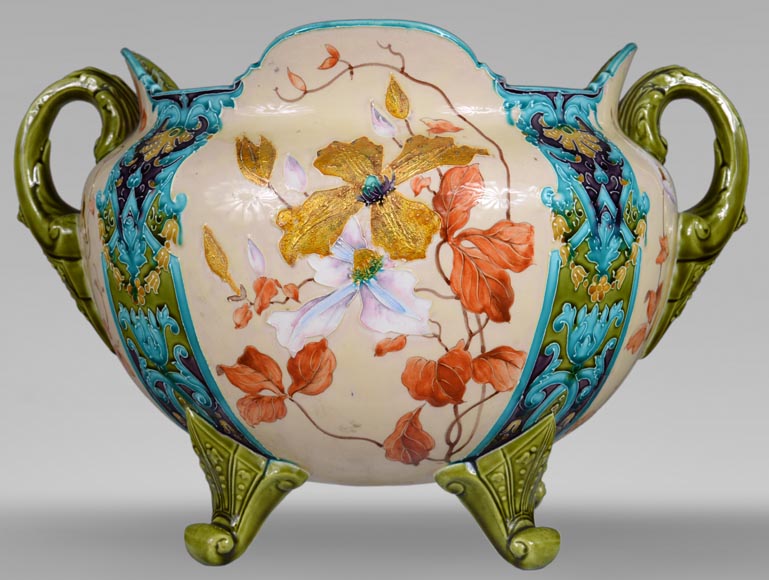 日安瓷器（Faiencerie de Gien） - 非常漂亮的“伯纳德”花盆，采用拿破仑三世风格的彩陶，带有精美的金色装饰，19 世纪末-0