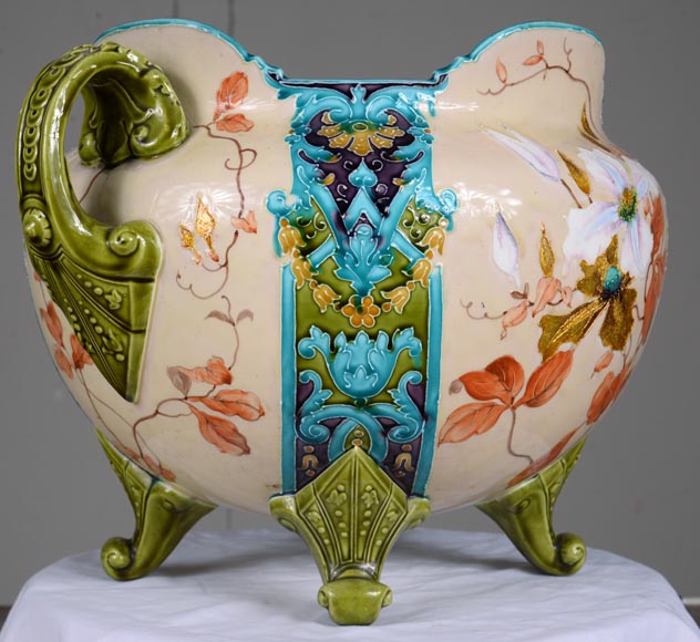日安瓷器（Faiencerie de Gien） - 非常漂亮的“伯纳德”花盆，采用拿破仑三世风格的彩陶，带有精美的金色装饰，19 世纪末-4