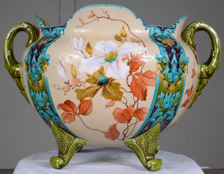 日安瓷器（Faiencerie de Gien） - 非常漂亮的“伯纳德”花盆，采用拿破仑三世风格的彩陶，带有精美的金色装饰，19 世纪末-5