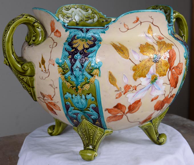日安瓷器（Faiencerie de Gien） - 非常漂亮的“伯纳德”花盆，采用拿破仑三世风格的彩陶，带有精美的金色装饰，19 世纪末-6