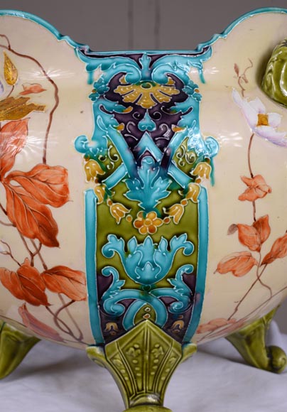 日安瓷器（Faiencerie de Gien） - 非常漂亮的“伯纳德”花盆，采用拿破仑三世风格的彩陶，带有精美的金色装饰，19 世纪末-9