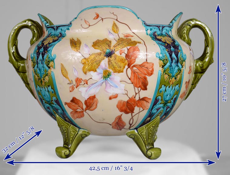 日安瓷器（Faiencerie de Gien） - 非常漂亮的“伯纳德”花盆，采用拿破仑三世风格的彩陶，带有精美的金色装饰，19 世纪末-12