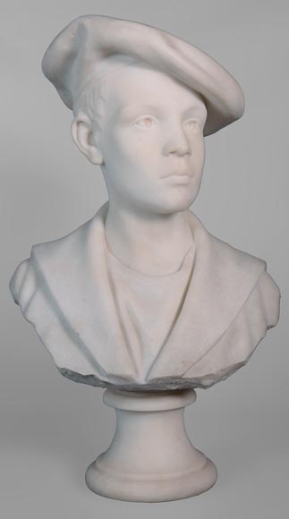 埃托尔·艾克西梅内（Ettore XIMENES，1855-1926） 带贝雷帽的孩子 白色半身大理石像 19世纪后半叶-0