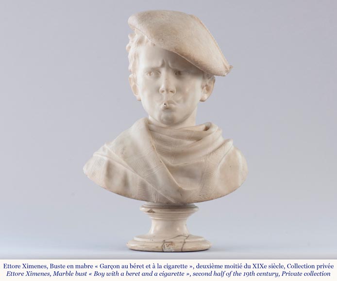 埃托尔·艾克西梅内（Ettore XIMENES，1855-1926） 带贝雷帽的孩子 白色半身大理石像 19世纪后半叶-1