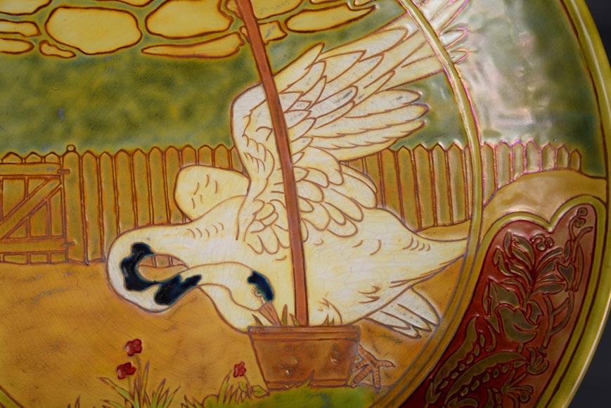 维尔墨斯.泽索尔尼（归于），天鹅装饰彩瓷盘，19世纪末-3