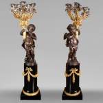 铜匠奥古斯特-路易·马尔基 为吉鲁家定制 一对九火大烛台 青铜镀金银 古铜色 约1855年