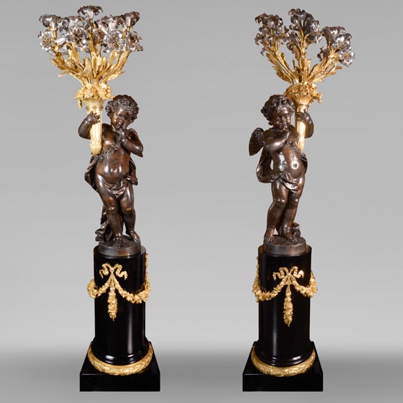铜匠奥古斯特-路易·马尔基 为吉鲁家定制 一对九火大烛台 青铜镀金银 古铜色 约1855年-0