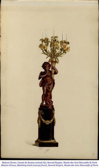 铜匠奥古斯特-路易·马尔基 为吉鲁家定制 一对九火大烛台 青铜镀金银 古铜色 约1855年-1