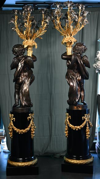铜匠奥古斯特-路易·马尔基 为吉鲁家定制 一对九火大烛台 青铜镀金银 古铜色 约1855年-26