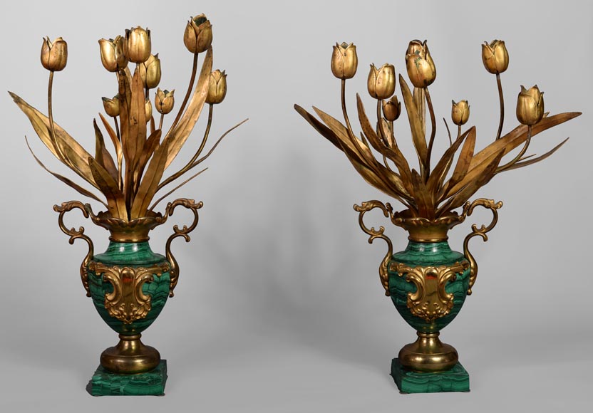 一对镀金青铜孔雀石花瓶，俄罗斯，十九世纪末-0