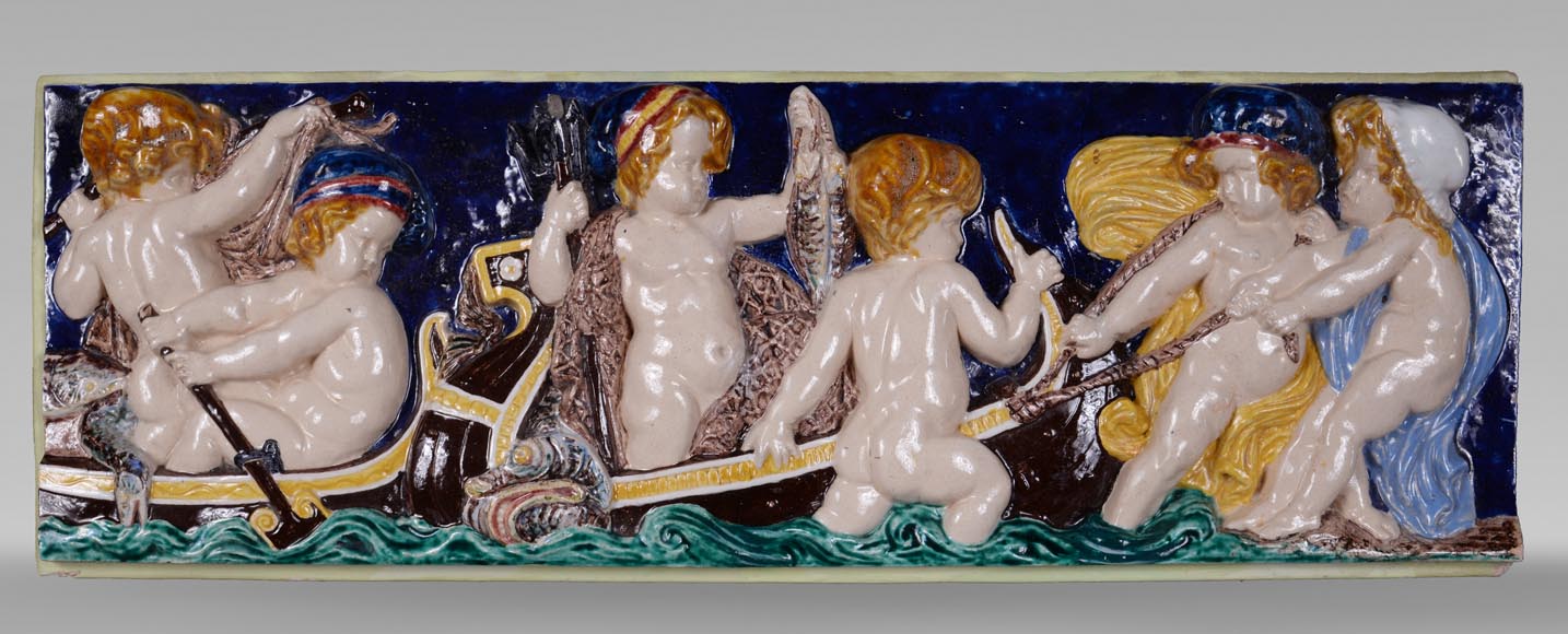 四块系列彩瓷浮雕，小天使捕鱼，19世纪末-1