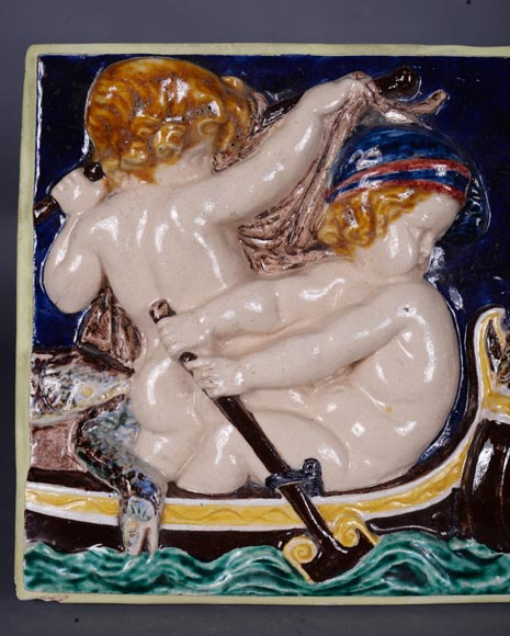 四块系列彩瓷浮雕，小天使捕鱼，19世纪末-2