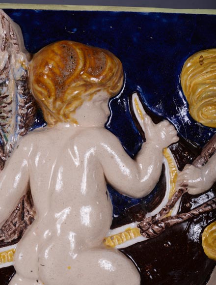四块系列彩瓷浮雕，小天使捕鱼，19世纪末-6