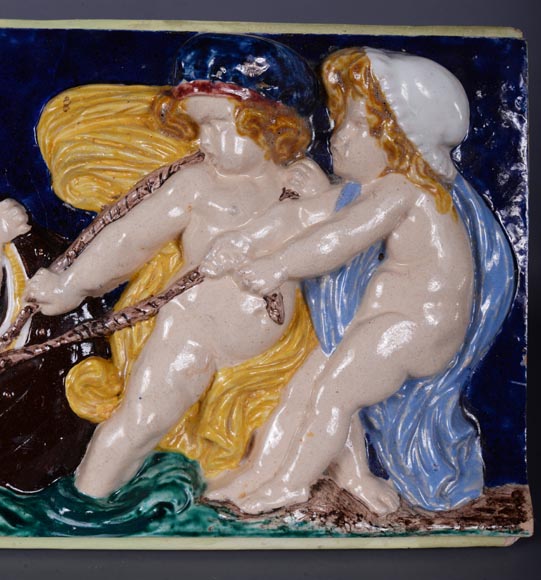 四块系列彩瓷浮雕，小天使捕鱼，19世纪末-7