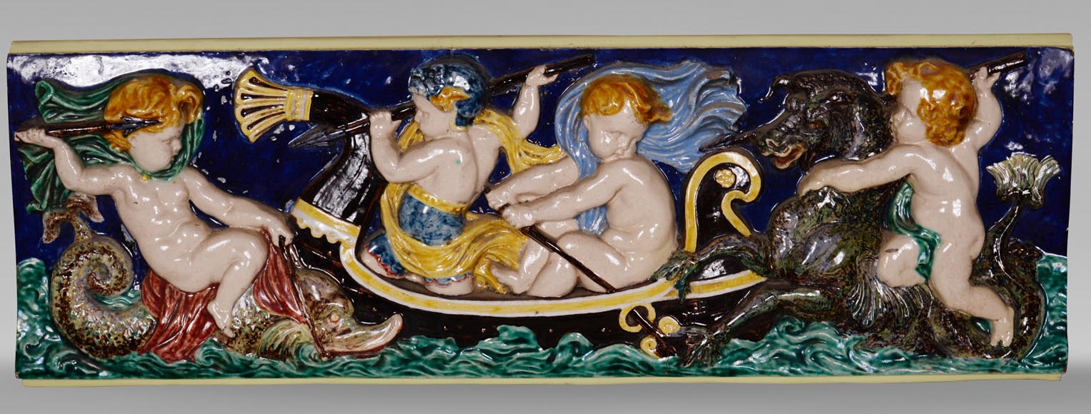 四块系列彩瓷浮雕，小天使捕鱼，19世纪末-9