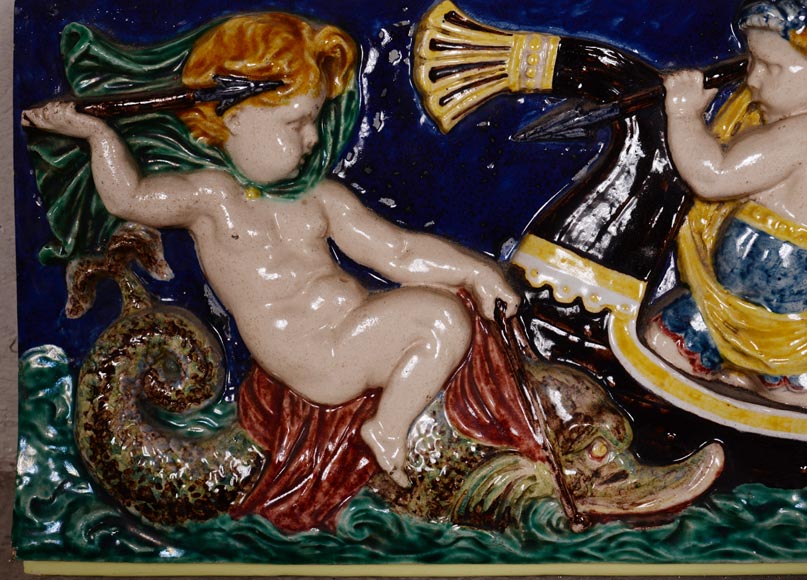 四块系列彩瓷浮雕，小天使捕鱼，19世纪末-10
