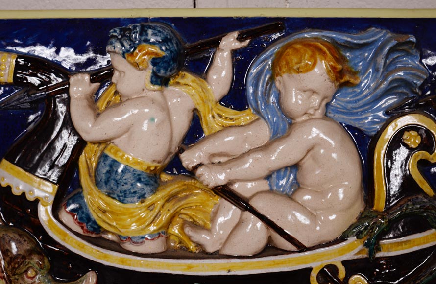 四块系列彩瓷浮雕，小天使捕鱼，19世纪末-11