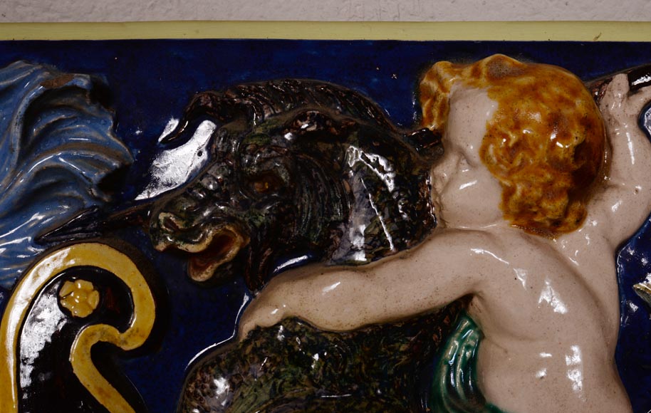 四块系列彩瓷浮雕，小天使捕鱼，19世纪末-12