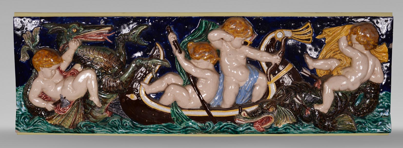 四块系列彩瓷浮雕，小天使捕鱼，19世纪末-14