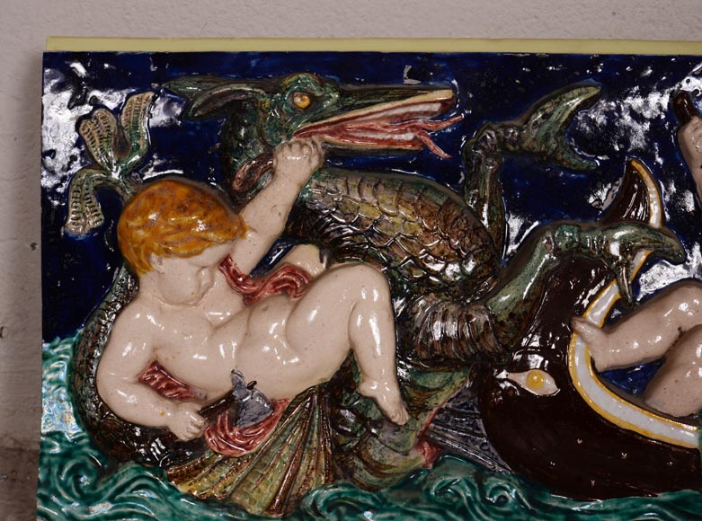 四块系列彩瓷浮雕，小天使捕鱼，19世纪末-15