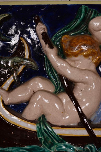 四块系列彩瓷浮雕，小天使捕鱼，19世纪末-16