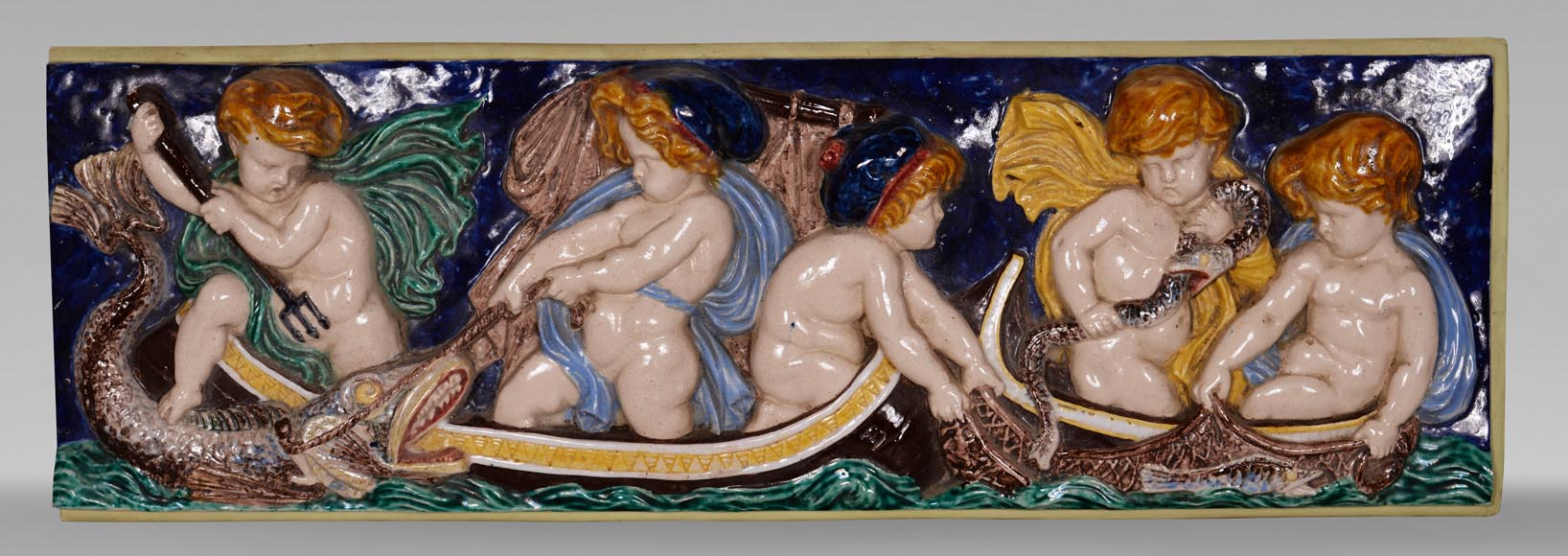 四块系列彩瓷浮雕，小天使捕鱼，19世纪末-19