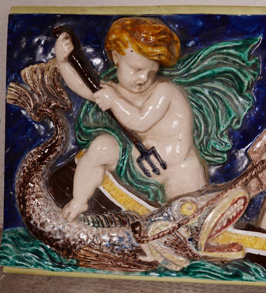 四块系列彩瓷浮雕，小天使捕鱼，19世纪末-20
