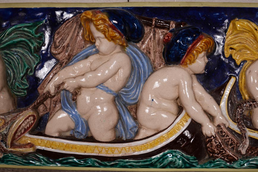 四块系列彩瓷浮雕，小天使捕鱼，19世纪末-21