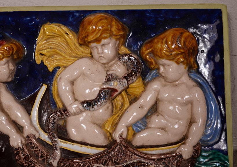 四块系列彩瓷浮雕，小天使捕鱼，19世纪末-23