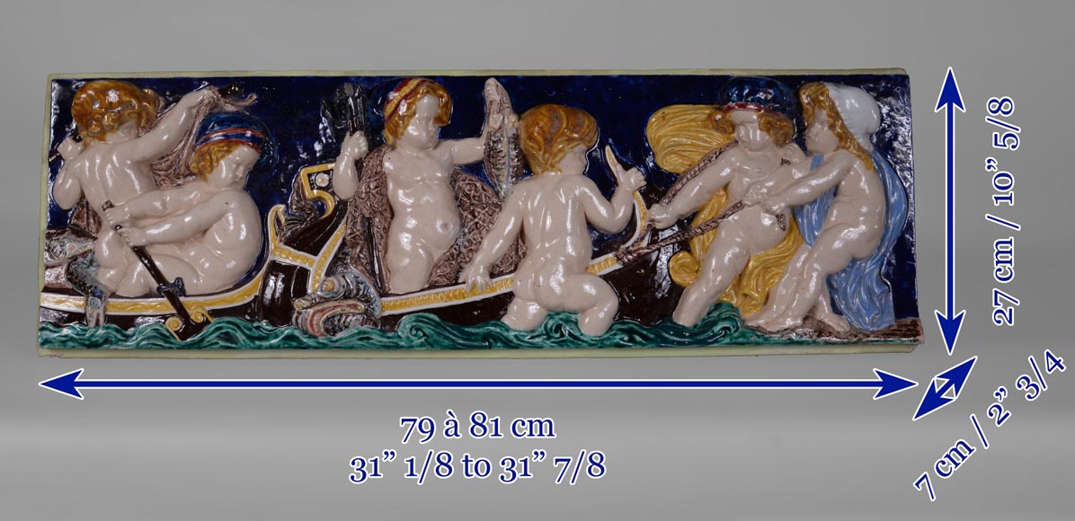 四块系列彩瓷浮雕，小天使捕鱼，19世纪末-25
