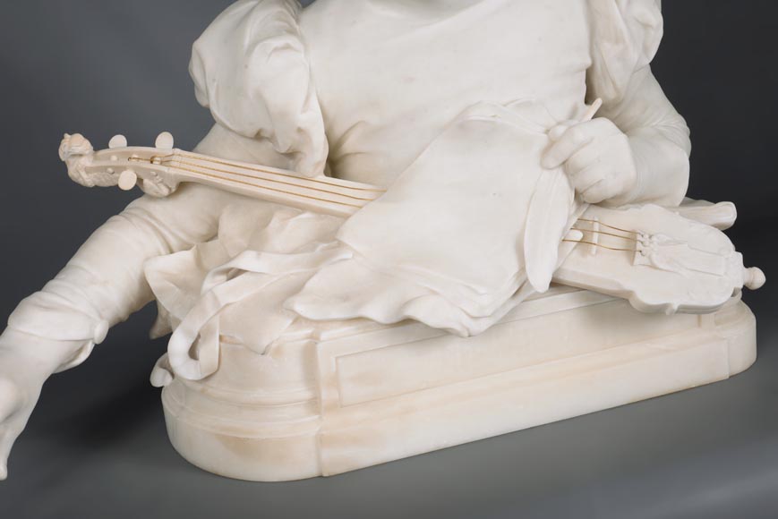 勒内·罗泽（René ROZET） 弹奏曼陀林的年轻音乐家 白色大理石雕塑 19世纪末-6