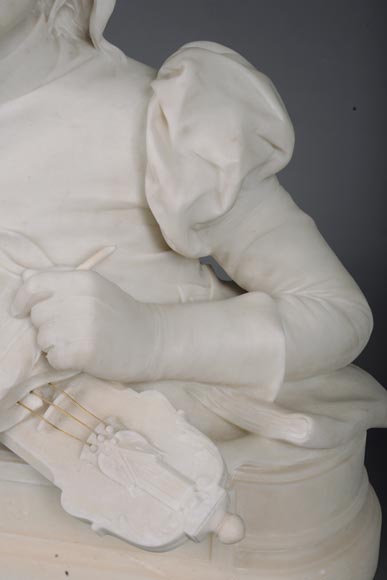 勒内·罗泽（René ROZET） 弹奏曼陀林的年轻音乐家 白色大理石雕塑 19世纪末-8
