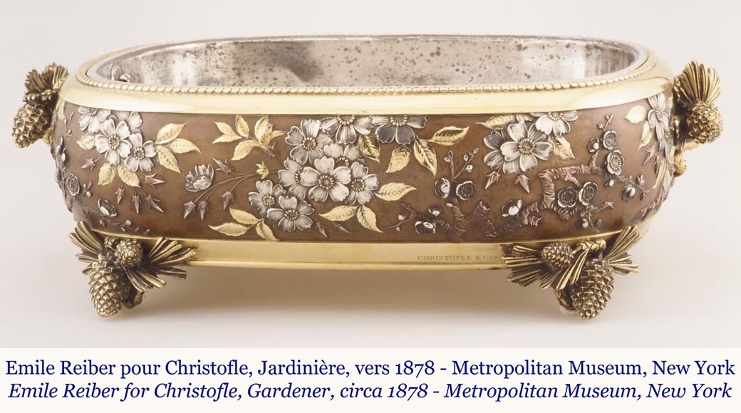 克里斯多夫 非凡电镀铜花盆 铜、银、金装饰 银色背景 古铜色点缀 1878年左右-2
