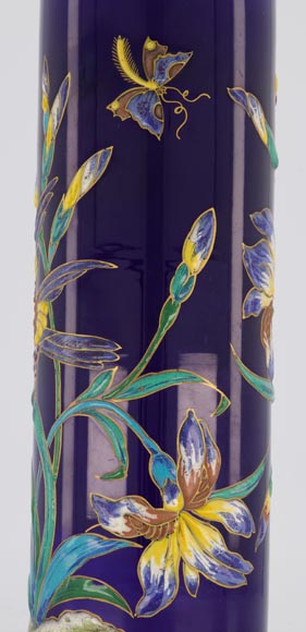 隆威制造-浮雕圆形珐琅瓶-鸢尾、昆虫装饰-深蓝色/塞夫尔蓝-1890年左右-5