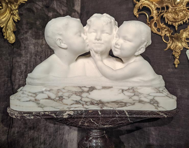 阿弗尔图纳托.戈里（Affortunato GORI），卡拉拉大理石雕塑，石柱上三个孩童半身像-1