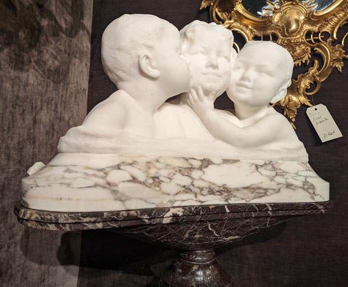 阿弗尔图纳托.戈里（Affortunato GORI），卡拉拉大理石雕塑，石柱上三个孩童半身像-4